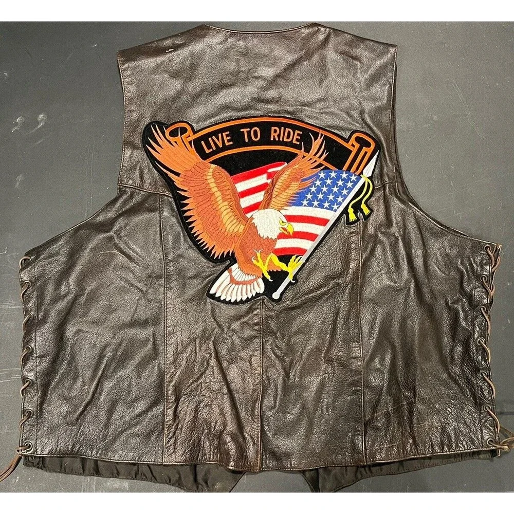 UNIK Premium Leather Brown Biker Motorcycle Vest Size 56 BORN‎ TO RIDE USA Patch